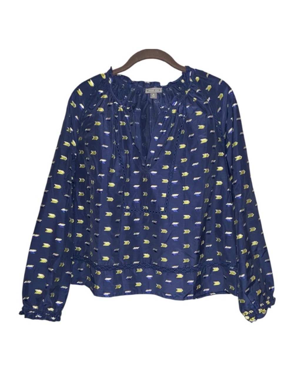 J.Crew Navy Printed Peasant Blouse Boho Cottagecore Long Sleeve Top Size S